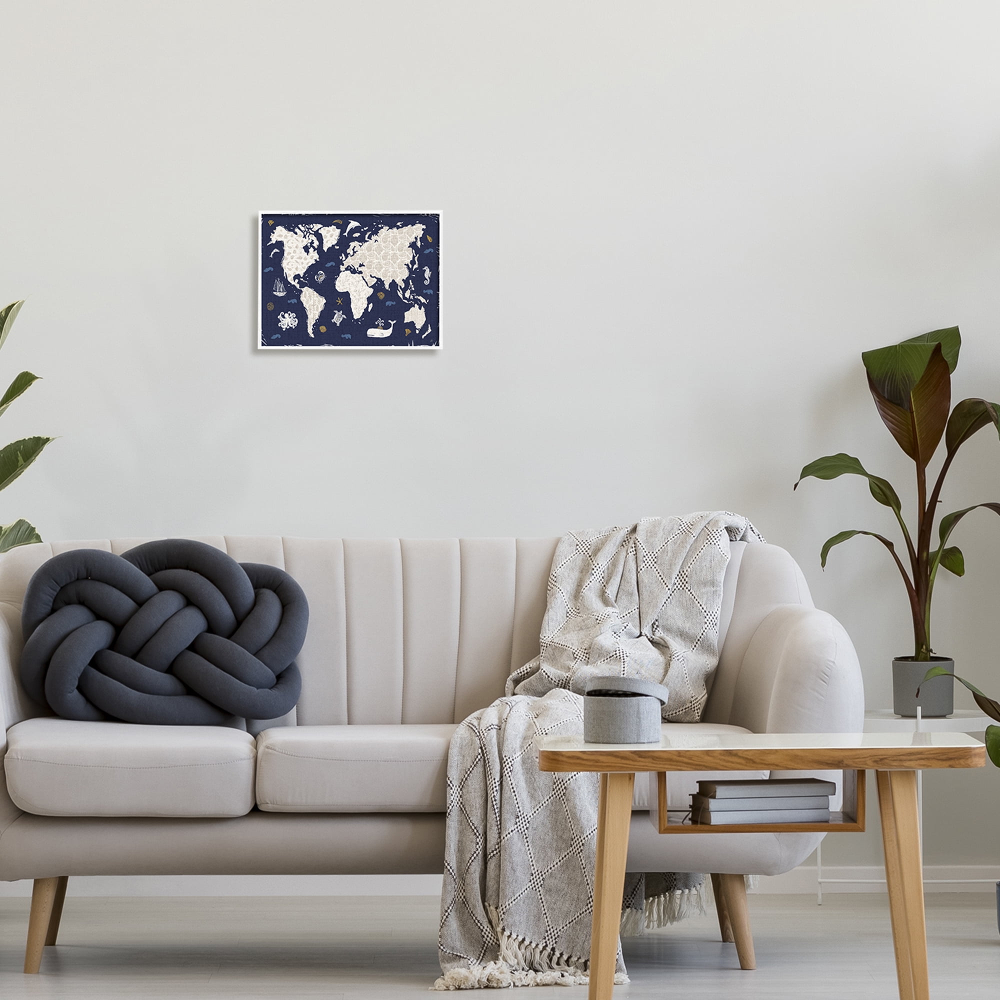 Stupell Industries Blue Patterned World Map Animals & Insects Painting White Framed Art Print Wall Art, 14 x 11
