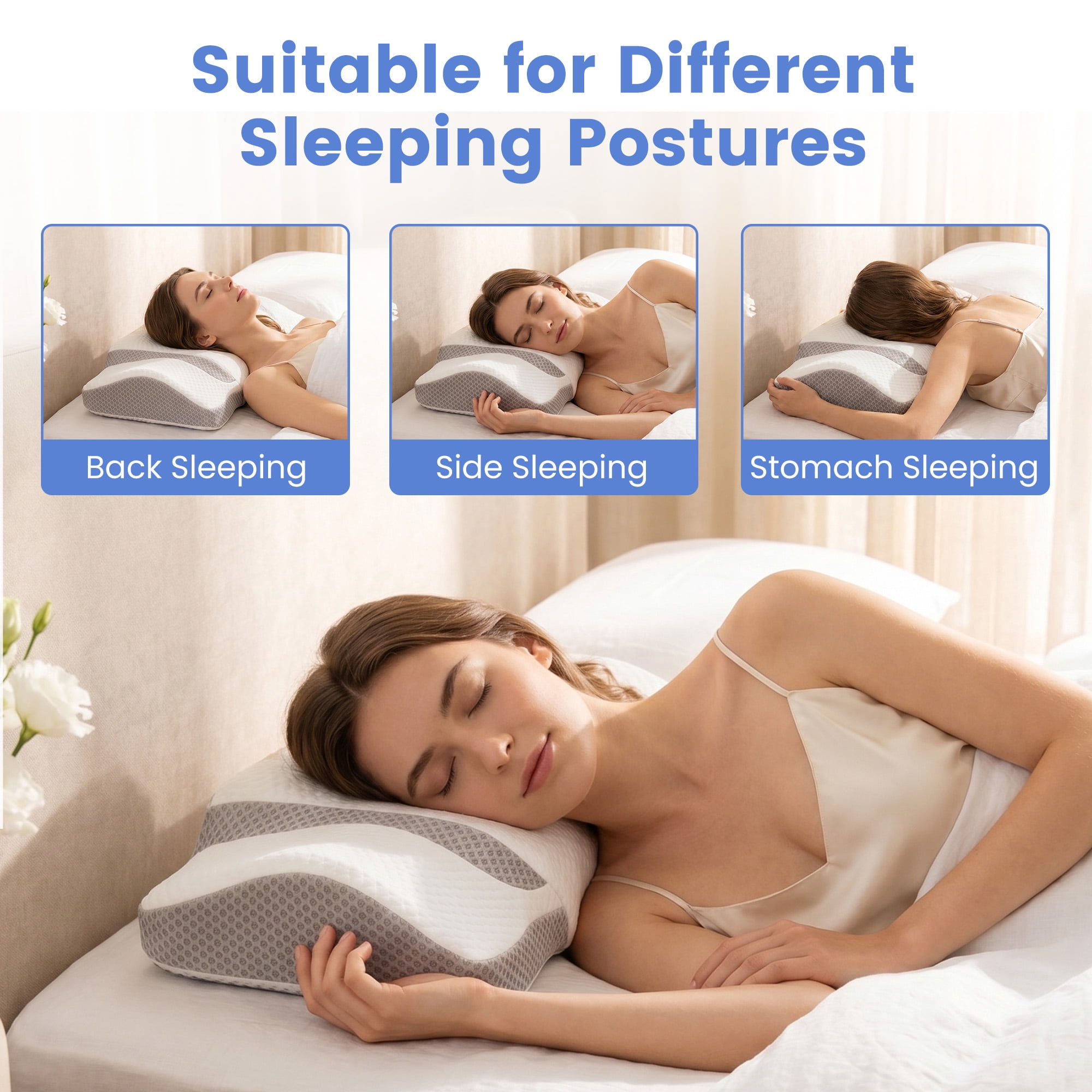 EDX King Size Square Cervical Pillows Memory Foam Double-Sided Pillow for Neck Pain Relief- Removable Cover,White and Gray