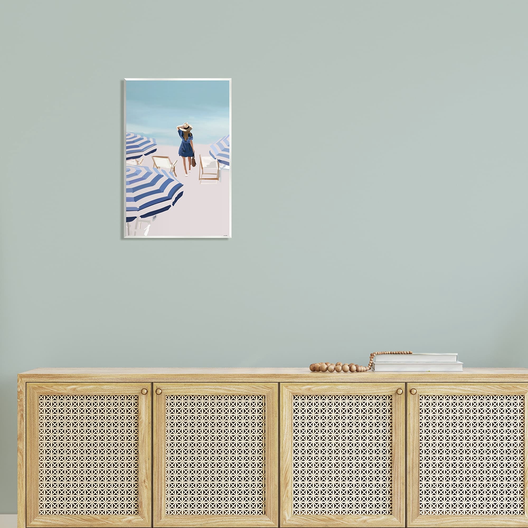 Stupell Industries Woman Enjoying Beach Shore Umbrellas Coastal Scene Graphic Art Unframed Art Print Wall Art, Design by Amelia Noyes