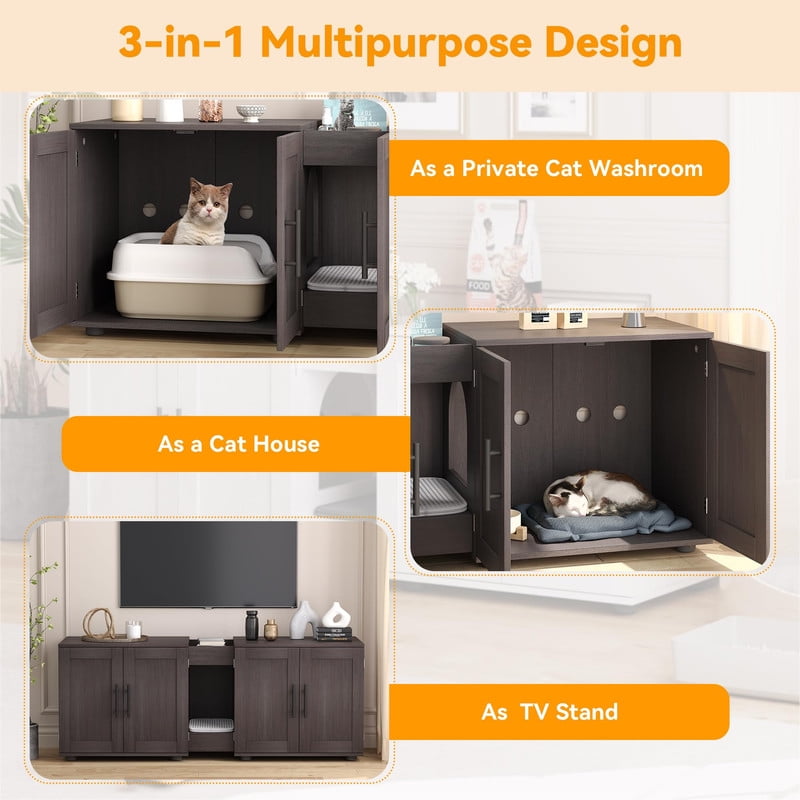 TROPOW Double Litter Box Enclosure,55" Furniture for 2 Cats, TV Stand,Waterproof Easy-Clean Surface,Cabinet Buckles & Storage Grooves,Suitable for living room, furniture decoration