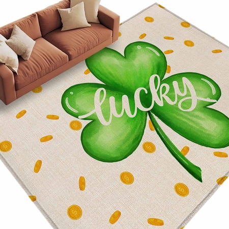 Area Rug 60&times;96in St Patrick s Day Shamrocks Lucky Leaf Floor Carpet Living Room Rug Gold Coin on Burlap Linen Non-Slip Welcome Mat Indoor Rugs for Bedroom Dining Room