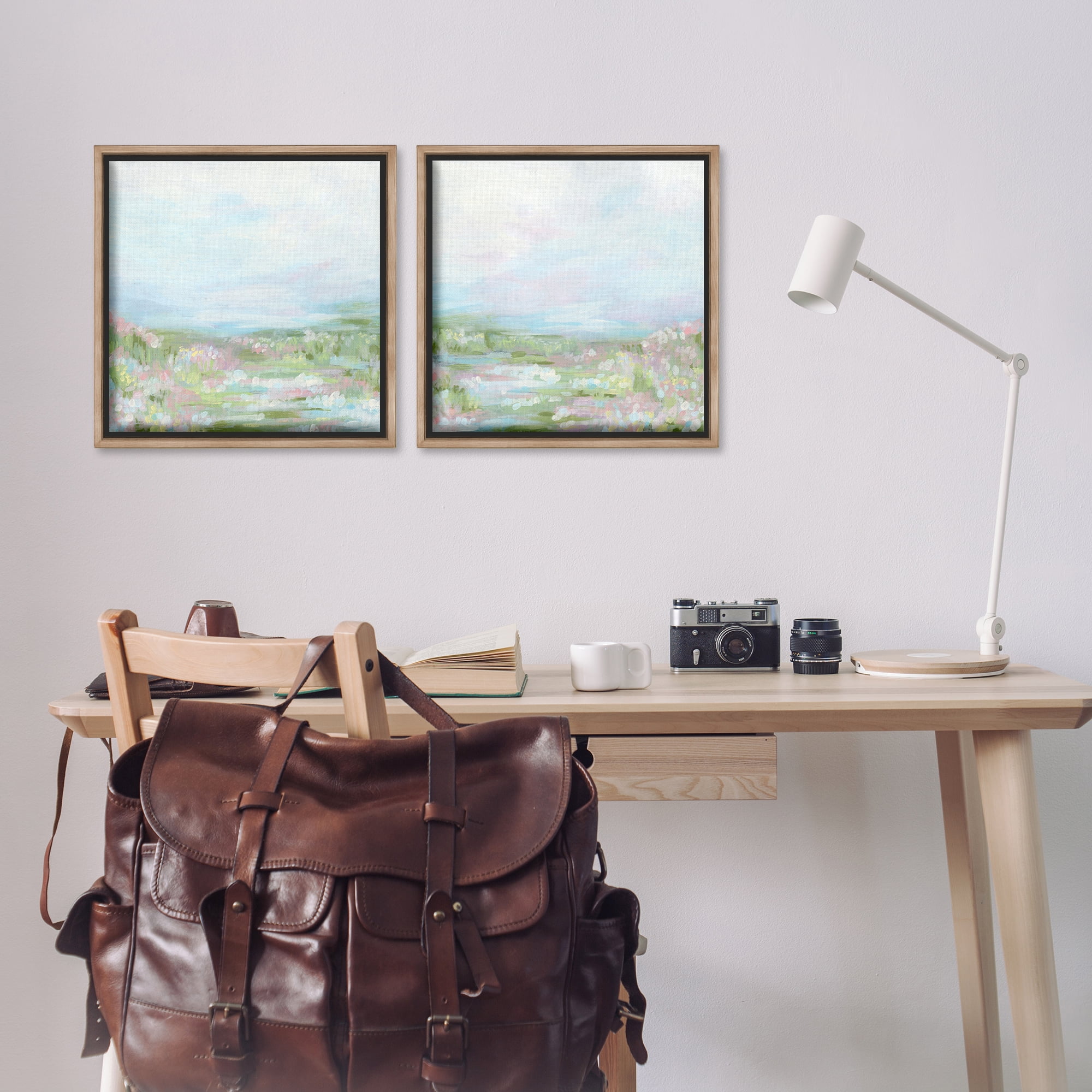 Stupell Industries Pastel Abstract Spring Field Landscape & Nature Painting Brown Floater Framed Canvas Art Print Wall Art, 18 x 18, Set of 2