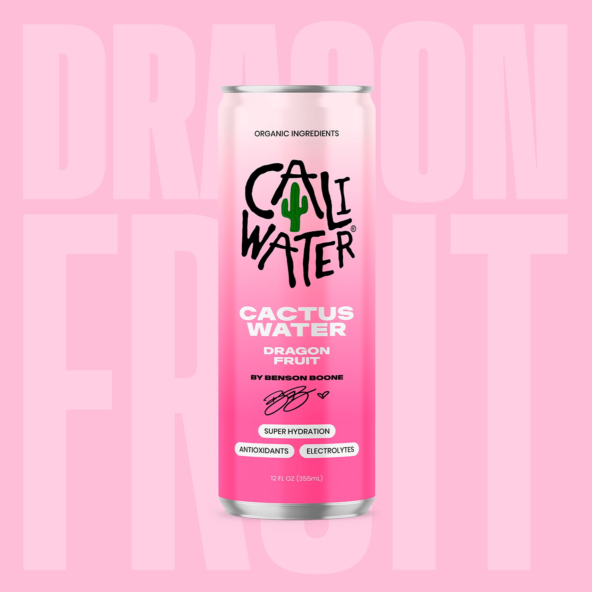 Caliwater Cactus Water, Dragon Fruit by Benson Boone, Coconut Water Alternative, 12 fl oz Can, 12 Pack