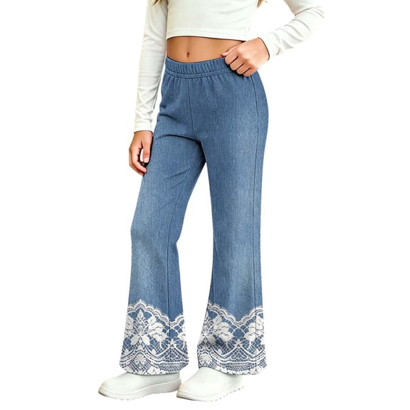 MuXiKeJi Clothes Y2K Jeans for Cute Print Elastic Waist Wide Leg Flared Denim Pants Regular Fit Long Casual Bottoms Girls Denim Pants