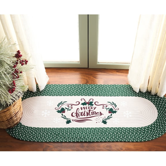 Safavieh Braided Posters Merry Christmas Mistletoe Runner Rug, Ivory/Green, 1'8" x 4' Oval