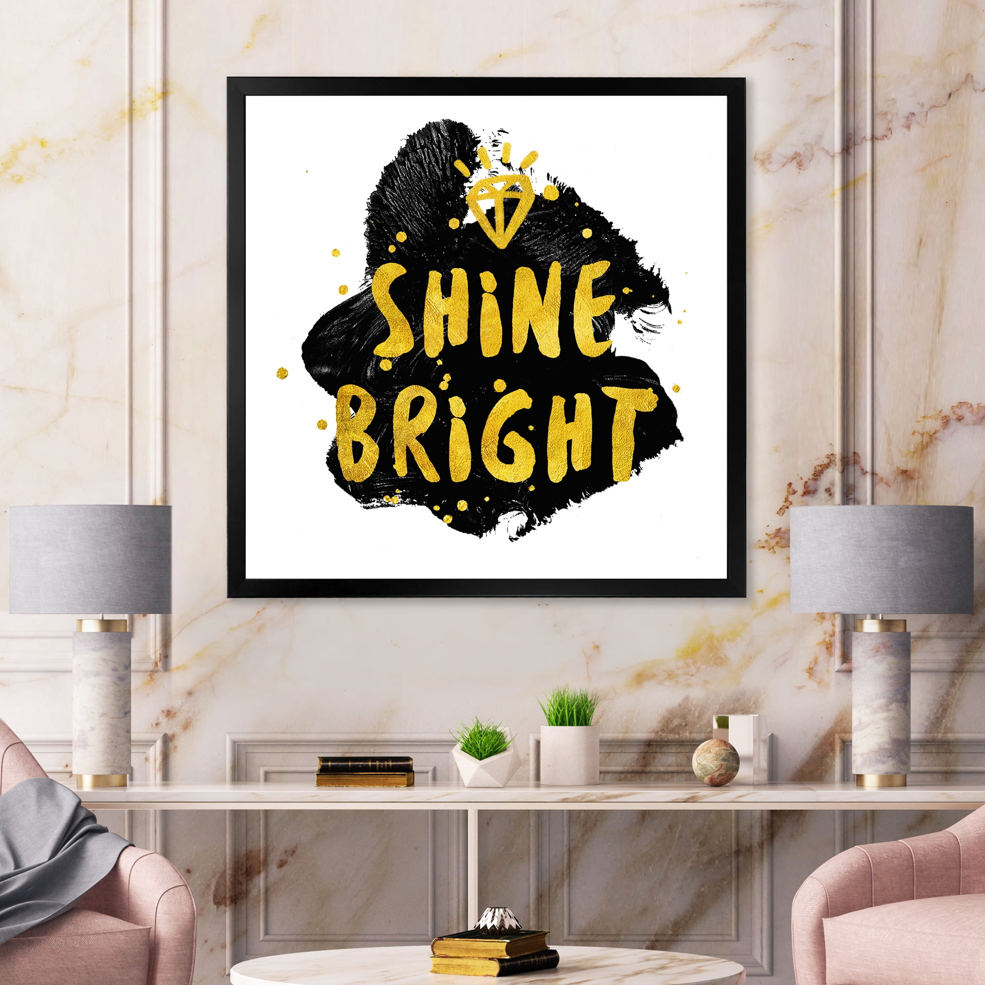 Designart 'Shine Bright Quote on Black' Glam Framed Art Print
