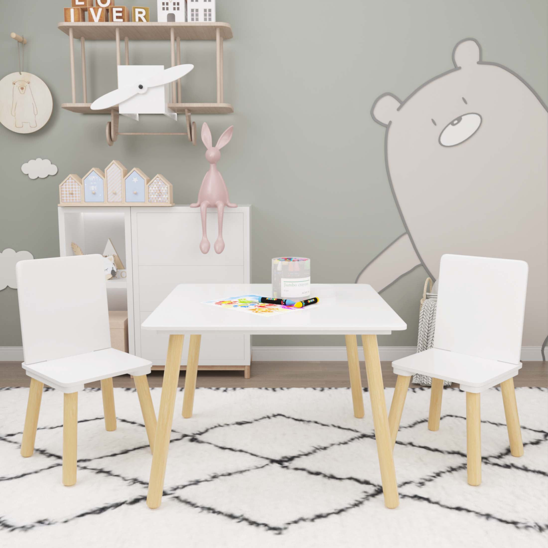 iRerts Kids Table and Chair Set, 3 Pieces Wood Kids Activity Table with 2 Chairs, Kids Play Table Set for 3-8 Year Old, Childrens Table and Chairs for Reading, Drawing, Jigsaw Puzzles