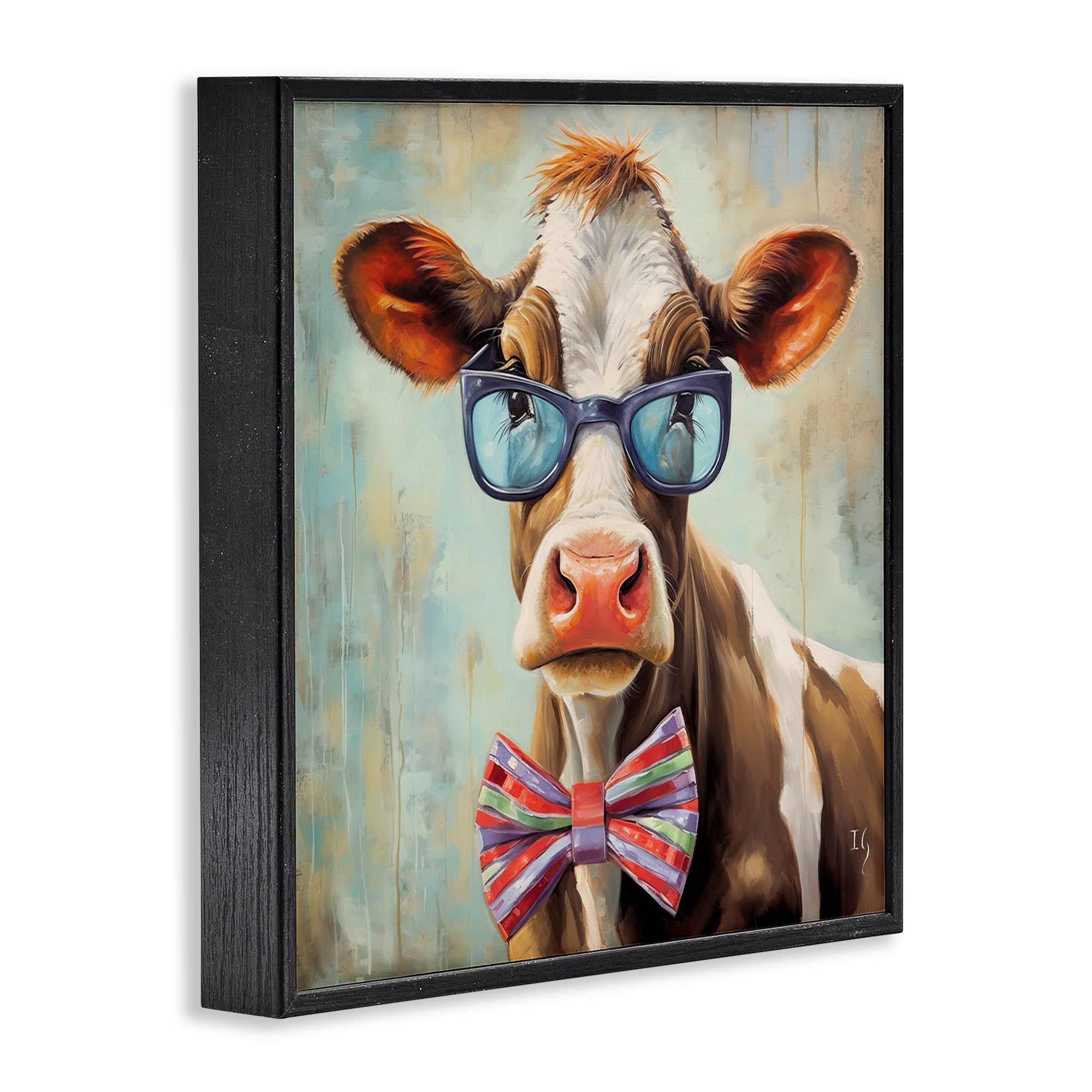 Stupell Industries Hipster Cow with Bowtie Animals & Insects Painting Black Framed Art Print Wall Art, 12 x 12