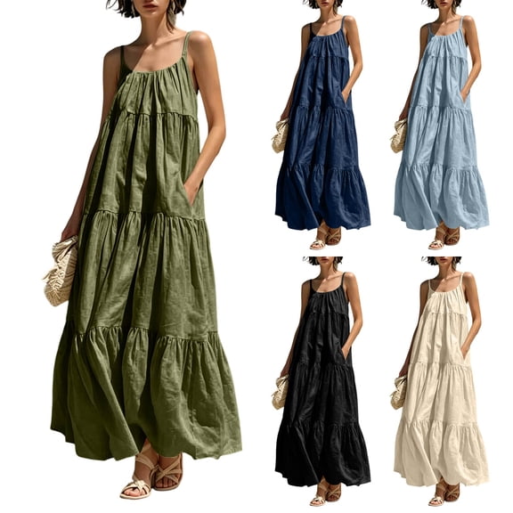 Cotton Linen Dresses for Women Sleeveless Spaghetti Strap Tiered Long Dress Ruffle Casual Summer Flowy Sundress, L