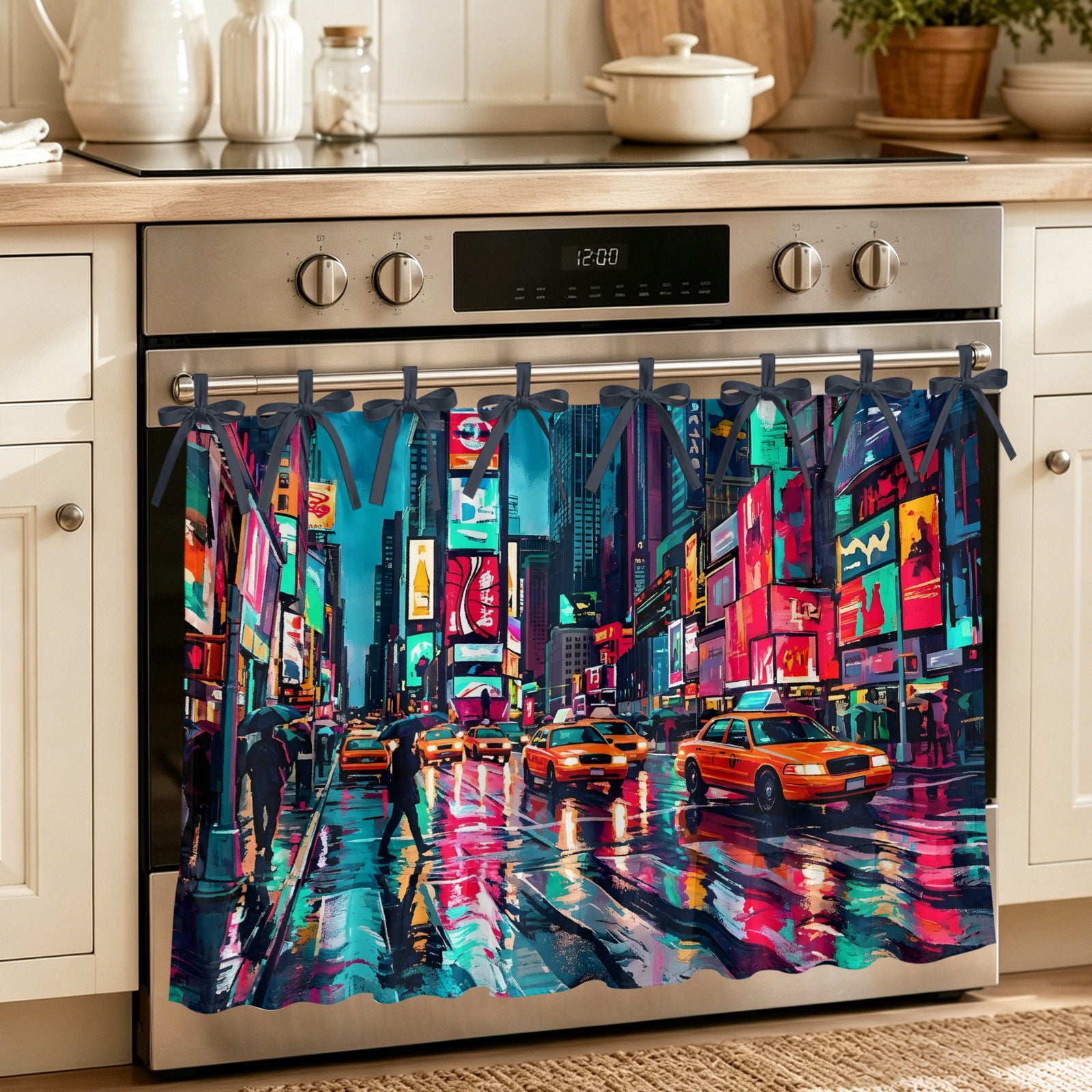 Oven Skirt Curtain for Kitchen 21.5x30 Inch Modern Urban Oven Curtain with 8 Ribbon Ties & Ruffle Trim Stove Skirt Curtain Dishwasher for Cabinets Over Sinks Abstract Oil Painting Skyscrapers Teal