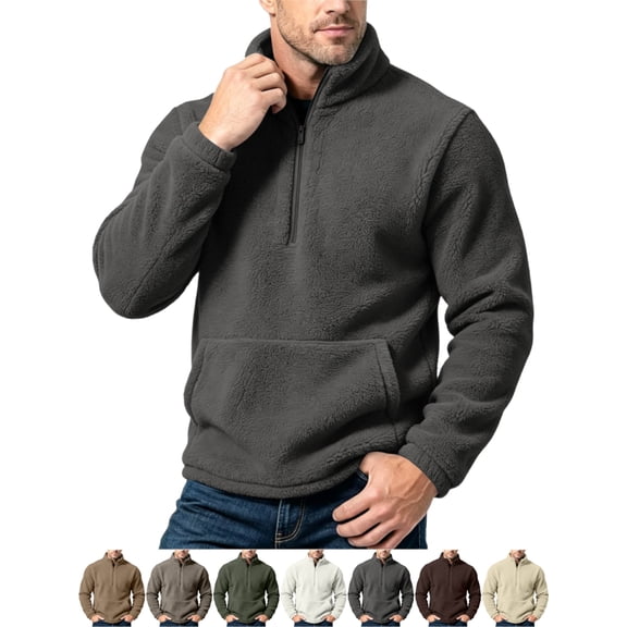 Men's Pullover Fleece Half Zip Stand Collar Long Sleeve Loose Fit Front Pocket Casual Winter Tops