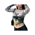 thumbnail image 1 of Douhoow Women Mesh T-Shirts Long Sleeve Abstract Portrait Letter Printed See Through Slim Tops, 1 of 8