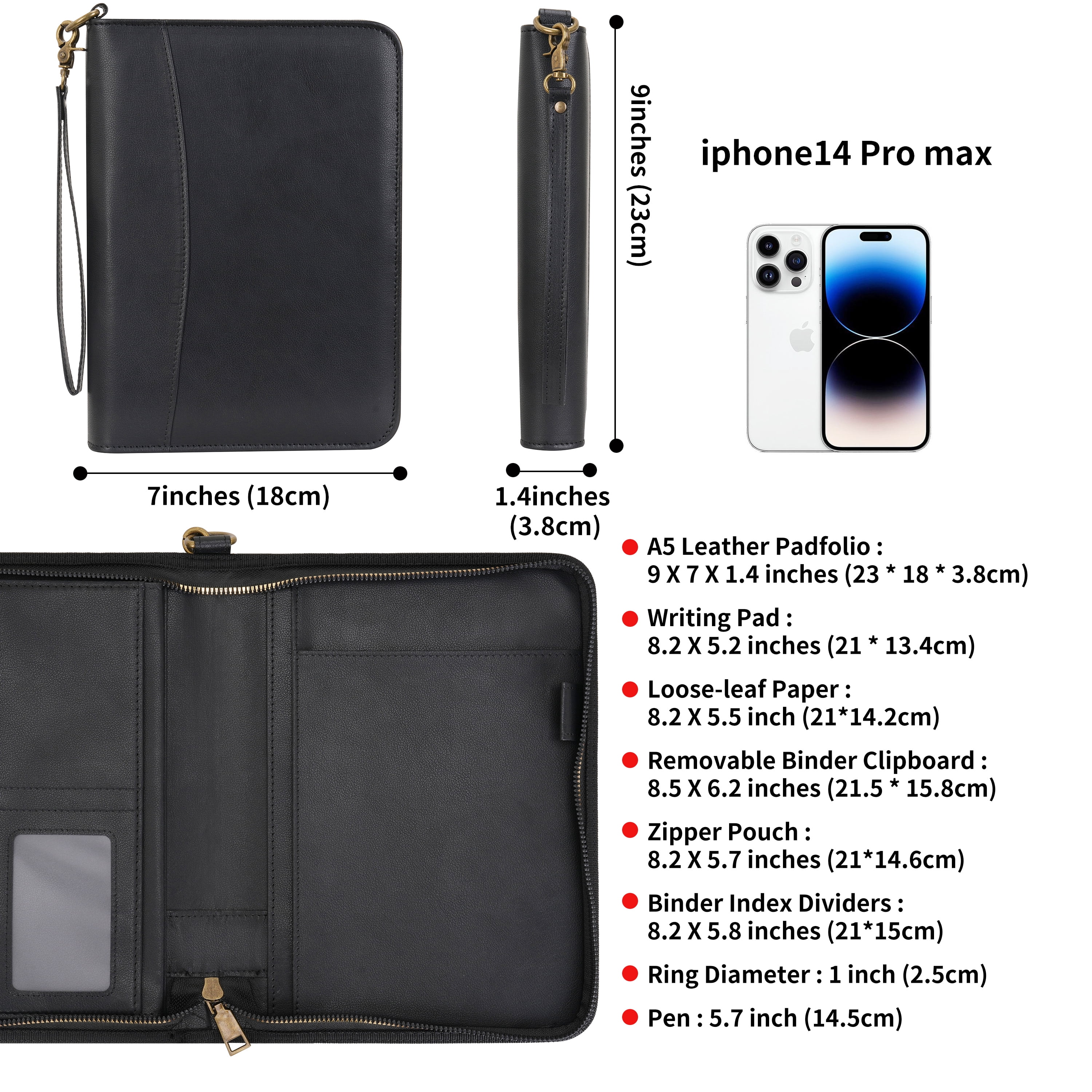 WASON Portfolio A5 Binder Journal with Zipper - Leather pu Writing Notebook Padfolio with Detachable Refillable Notebook, Legal Pad for Business Study and Travel Organizer (Black)