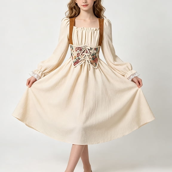 Girls Victorian Style Dress Puff Sleeve Square Neck Cinched Waist Midi Dress Big Girls Elegant Lace Cuff Tunic Outfits Beige 12-13 Years
