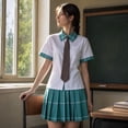 thumbnail image 4 of 3PCS Womens School Uniform Cosplay Set, Short Sleeve Button Shirt with Necktie and Pleated Plaid Skirt, Japanese Anime Fancy Dress Outfit for Halloween Party Show, 4 of 5