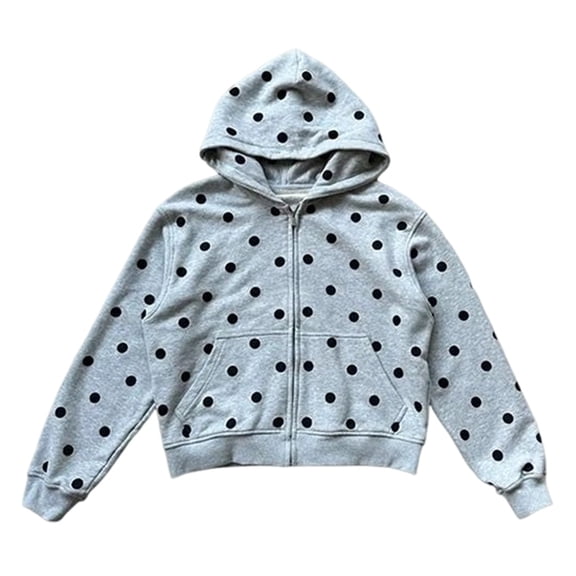 KHONTS Y2k Polka Dot Zip up Hoodie for Women 2000s Cute Jacket Preppy Baggy Streetwear Fashion Casual Basic Hooded Sweatshirts Grey S