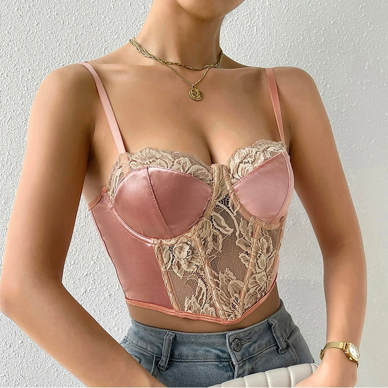 Women's Floral Lace Cami Crop Top Spaghetti Strap Sheer Mesh Corset Bustier  Tops Bralette