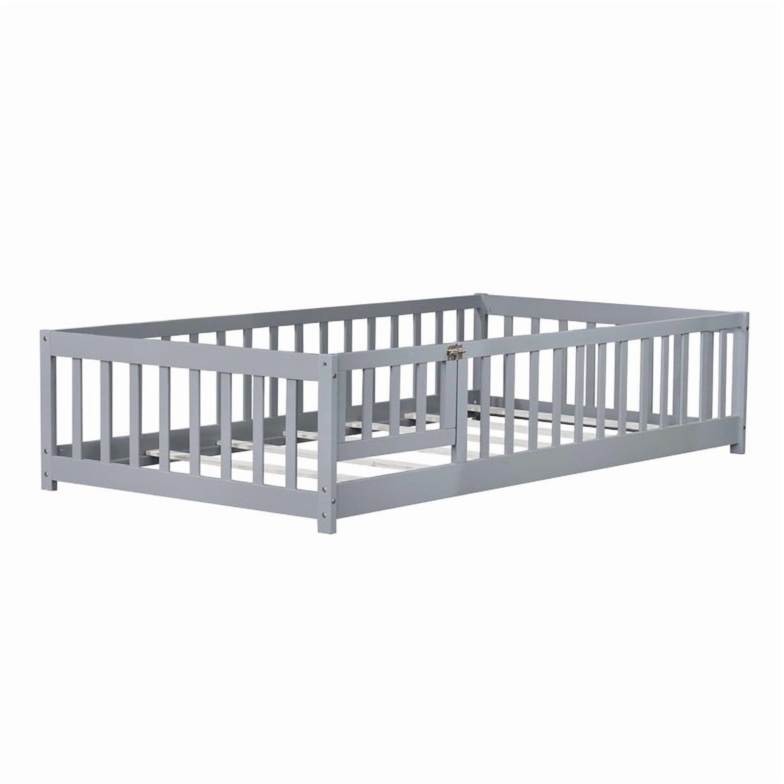 Bellemave Twin Size Floor Beds with Door, Wood Montessori Bed with Fence Railings & Support Slats, No Box Spring Needed (Gray)