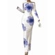 thumbnail image 2 of Vestidos Largos Ajustados con Frunces, de Larga y Estampado Floral para Mujer, para Fiesta, Club y Otoño/. Flores Moradas XL, 2 of 8