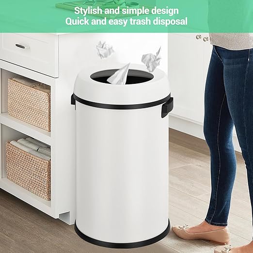 Basics Round Stainless Steel Trash Can with Open Swing lid, Large Kitchen Round Can - 65 Litre/ 17.2 Gallon, Silver, Black,White
