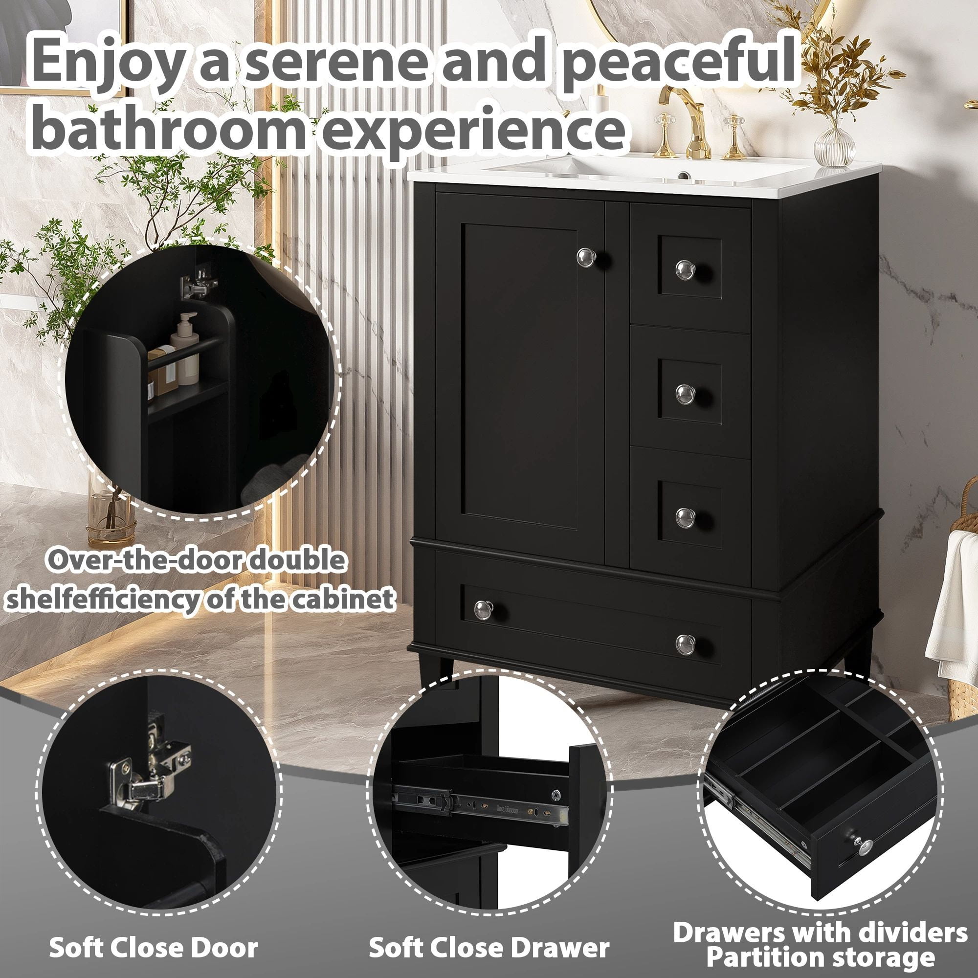 MODERNLUXE 24" Bathroom Vanity with Ceramic Sink,Modern Bathroom Storage Cabinet with A Door-mounted Double-Layer Shelf,1 Soft Closing Door & 3 Drawers, Freestanding Cabinet with Sink Combo Set,Black