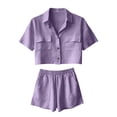 thumbnail image 5 of Bloomae Two Piece Linen Short Sets for Women Trendy Summer Short Sleeve Button Down T-Shirts Tops with Pockets and Elastic Waist Short Pants Matching Loungewear Outfits Purple L, 5 of 9
