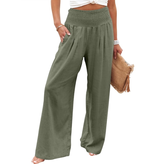 Pantalones Palazzo ANRABESS de lino para mujer, pierna ancha, color oliva, tamaño mediano