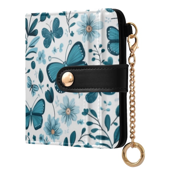 Qxltty Light Blue Butterflies Flowers and Leaves Ladies Wallet Rfid Slim Thin Compact Credit Card Women Wallet Zipper Coin Pocket and ID Window for Female Gifts