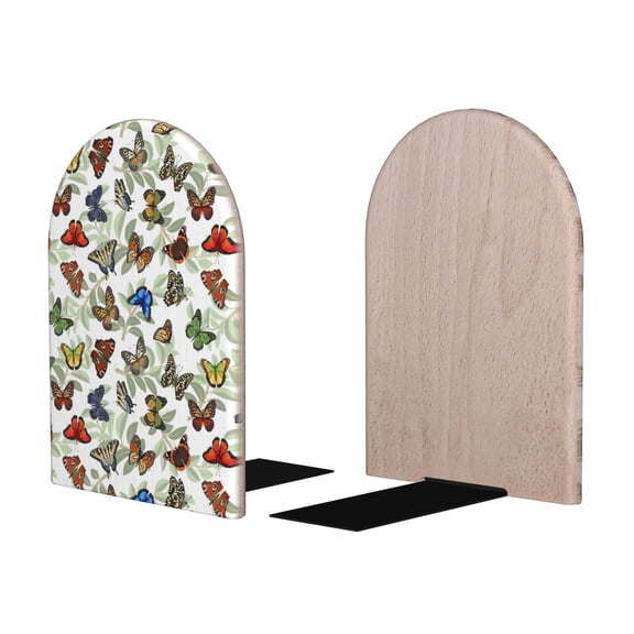 Picia Multicolored Butterflies Pattern Wood Bookends for Shelves,Non-slip Bookends, Heavy Duty Wooden Bookend Support,1 Pair
