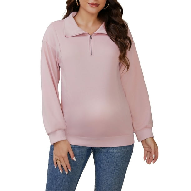 Camisa con cremallera de maternidad para mujeres, blusa de manga larga, sudadera para amamantar, color rosa
