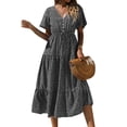 thumbnail image 3 of HUBERY Women Button Tie Waist Pleated Floral Printed V Neck Short Sleeve Midi Dress, 3 of 7