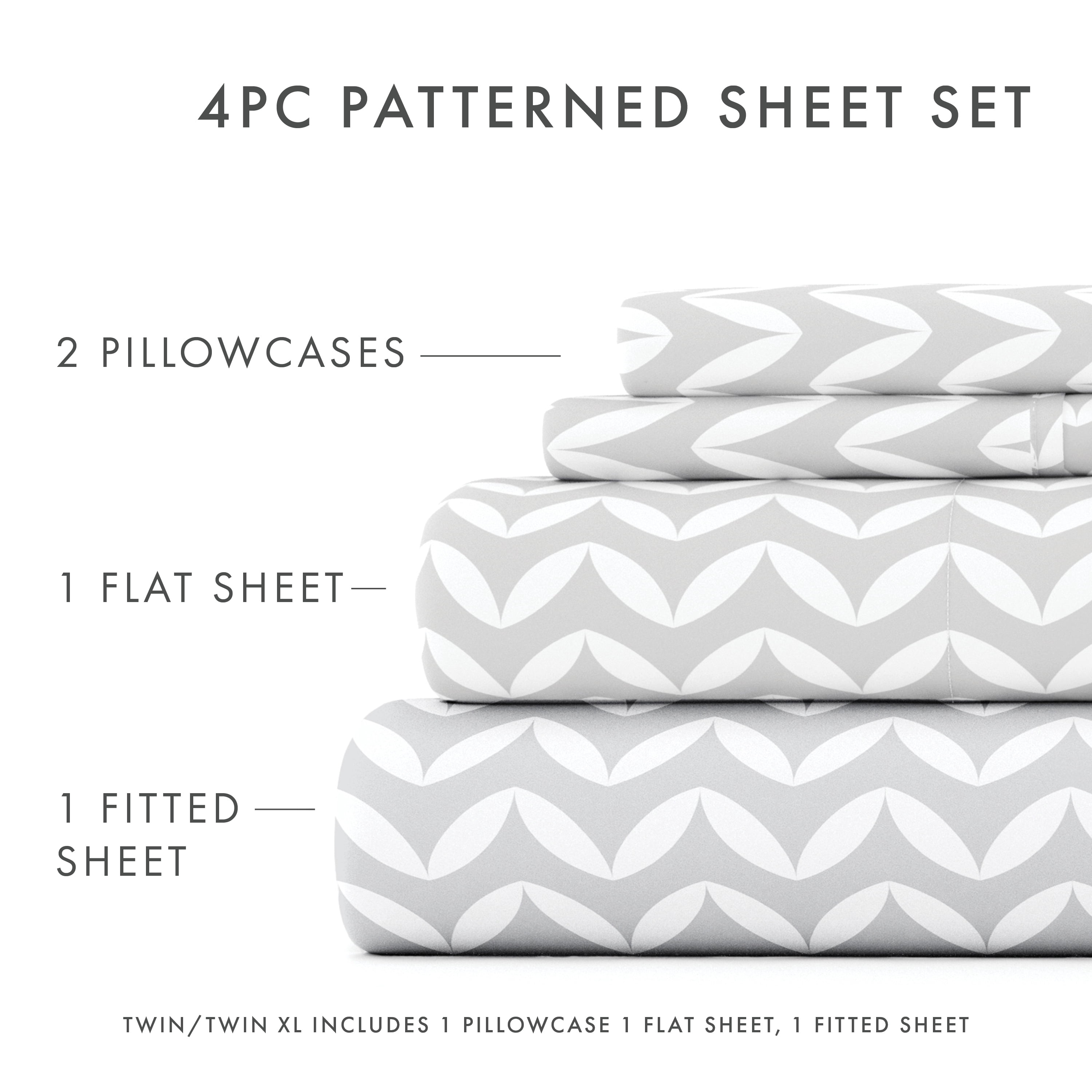 Noble Linens 4 Piece Pattern Microfiber Bed Sheets Set, Light Gray Puffed Chevron, California King