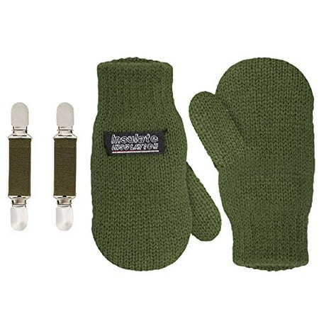 SANREMO Unisex Kids Toddler Knitted Fleece Lined Warm Winter Mittens and Mitten Clips Set (1-3 Years, Olive Green)
