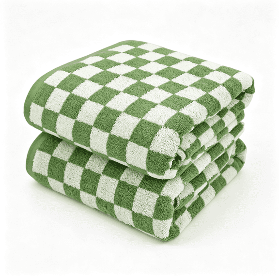 ARLAJO Bath Towels Set of 2 - Luxury Cotton Bathroom Shower Towels Body 55” X 27.5” Absorbent,Quick Dry,520Gsm,Green Checkered Bathroom Decor Absorbent Checkered Bath Towels