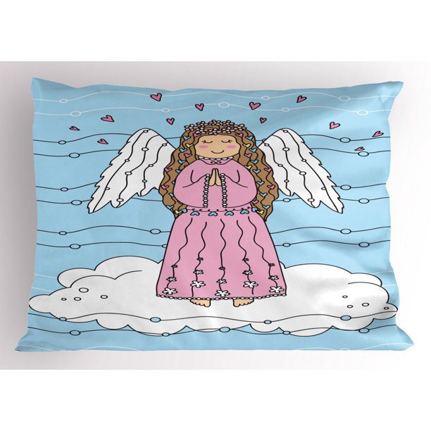 Angel Wings Pillow Sham, Girl on Clouds Praying for Love Christmas