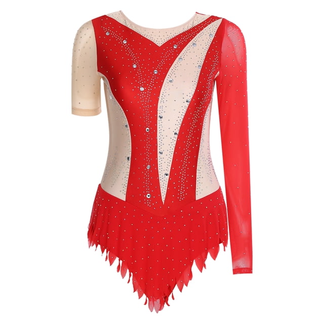 iiniim Justaucorps de Gymnastique Rythmique pour Femmes Manches Irrégulières Robe de Patinage Artistique Rouge L