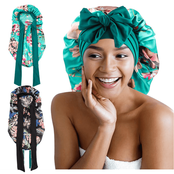 2Pcs Bonnets For Black Women, Large Long Satin Braid Bonnet For Braids And Locs, Silk Sleep Cap With Stretchy Tie Band, Flower Print