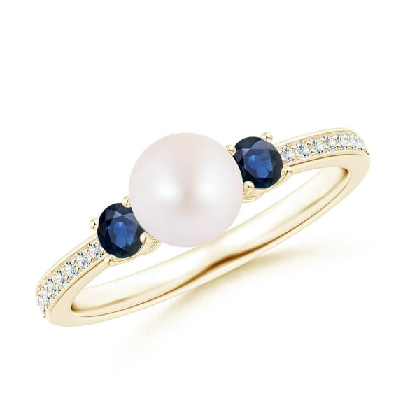 ANGARA Japanese Akoya Cultured Pearl & Blue Sapphire Engagement Ring in 14K Yellow Gold for Women | June Birthstone, Birthday, Anniversary, Jewelry Gift for Women | Pearl Ring