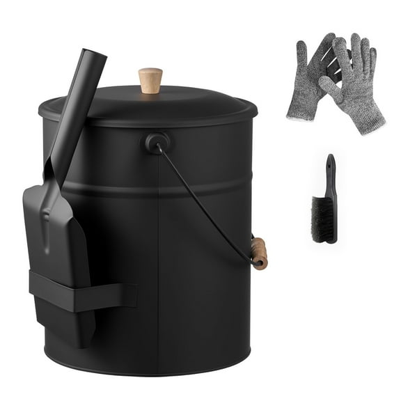 KFFKFF Metal Ash Bucket Set with Lid, Shovel, Broom, and Gloves, 4-Gallon Capacity for Fireplace, Fire Pits, Wood Stoves, Suitable for Indoor and Outdoor Use