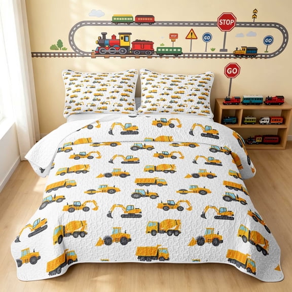 Erosebridal Construction Vehicle Twin Quilt Set, Truck Twin Coverlet Set, White Pattern 2-Piece 1 Bedspread and 1 Pillowcase