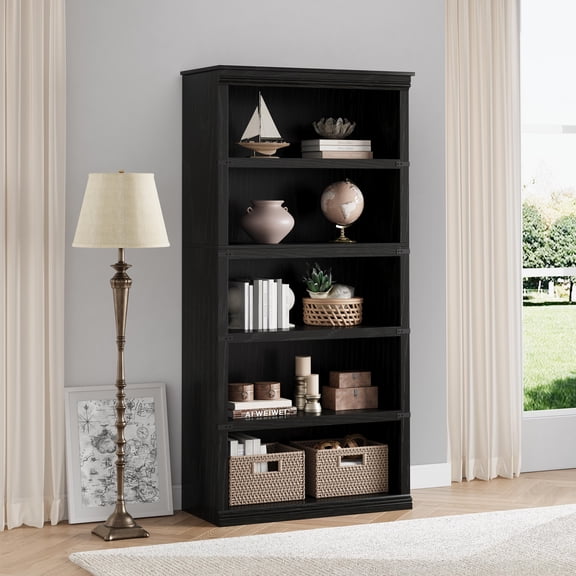 32" Wide 5-Shelf Modern Bookcase, Open Compartment Wooden Display Shelves – Gray Storage for Office, Library or Home Decor