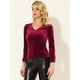 thumbnail image 2 of Blusa de terciopelo de manga larga con decoración de botones y cuello en V para mujer Vino rojo L, 2 of 5