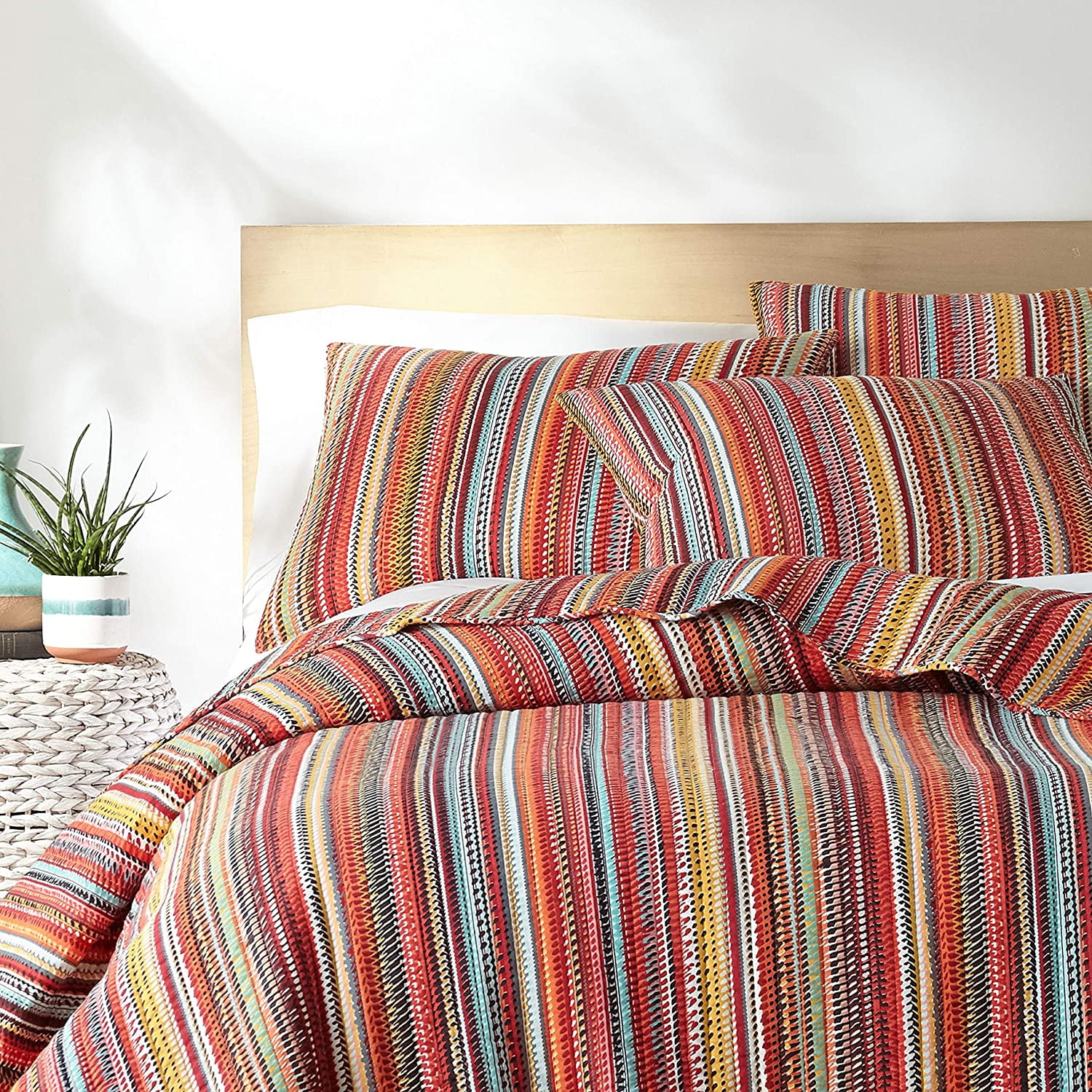 Levtex Home - Uluru Quilt Set - Twin Quilt + Two Standard Pillow Shams - Boho Stripe - Orange Teal Red Green Yellow Black White - Quilt (68x86in.) and Pillow Sham (26x20in.) - Cotton