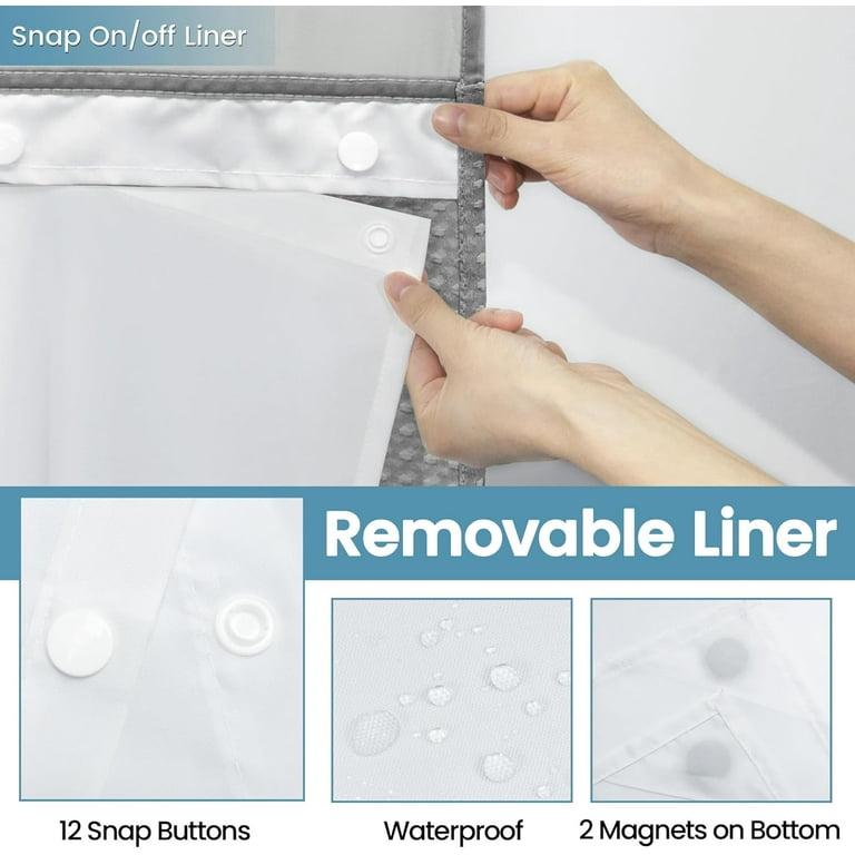 White No Hook Shower Curtain With Snap In Liner,230Gsm Waffle