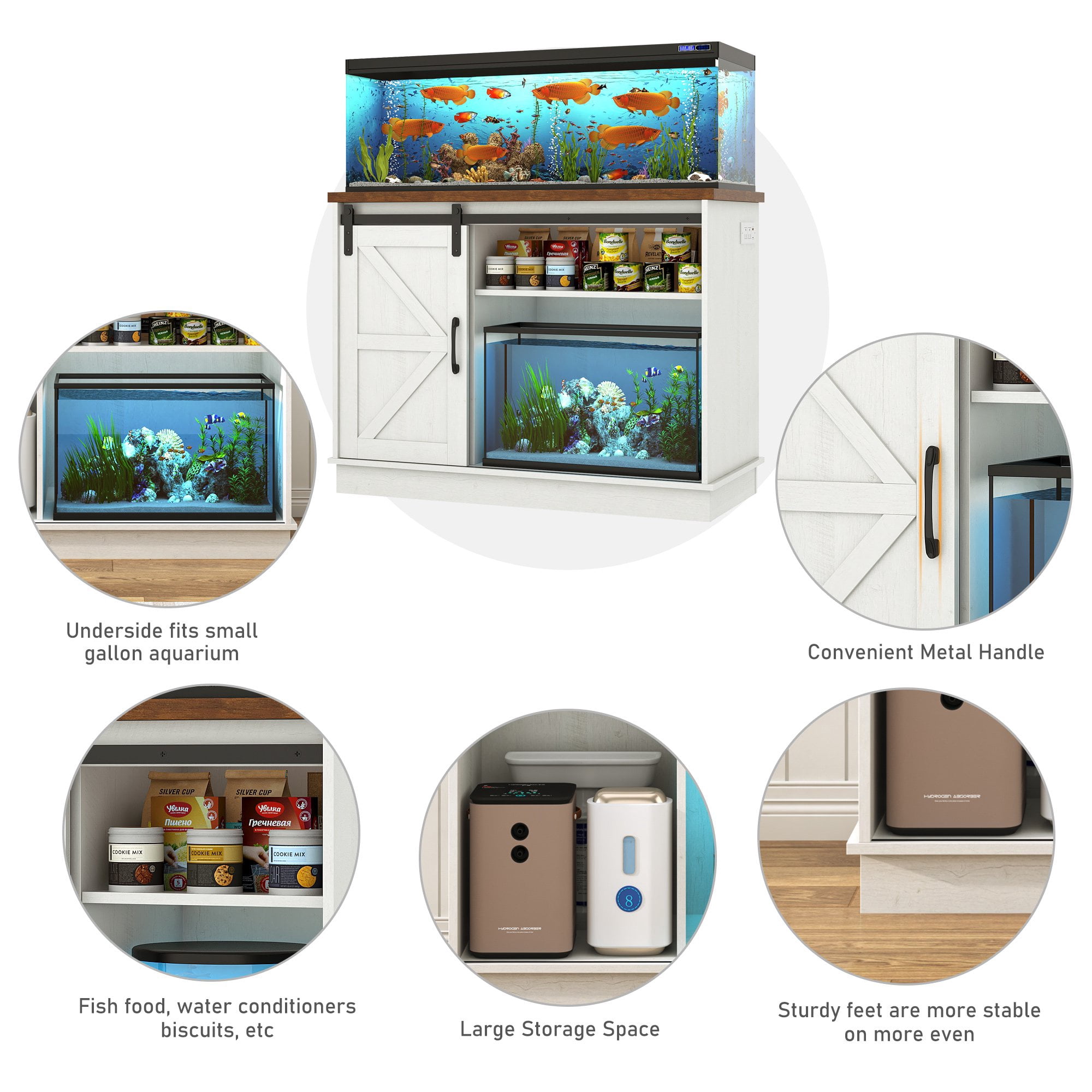 Blotout Farmhouse 40-50 Gallon Fish Tank Stand with Power Outlet, 41.7"Aquarium Stand with Storage/Sliding Barn Door, Heavy Duty Tank Stand for 2 Fish Tank/Reptile Terrarium, 1000lbs Capacity,White