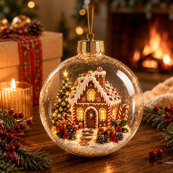 Glowing Christmas Story Ornament, Gingerbread House Tree Scene, Warm LED Hanging Christmas Decoration for Xmas Party Home Decor and Holiday Gift