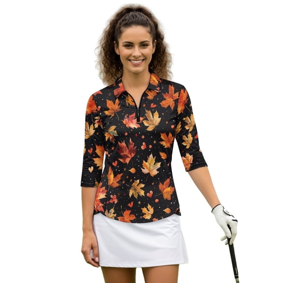 HUIACONG Maple Leaf Women's Golf Polo Shirts Quarter Zip Polyester Spandex Fabric with Wear Resistant Tennis Activewear for Tennis Enthusiasts