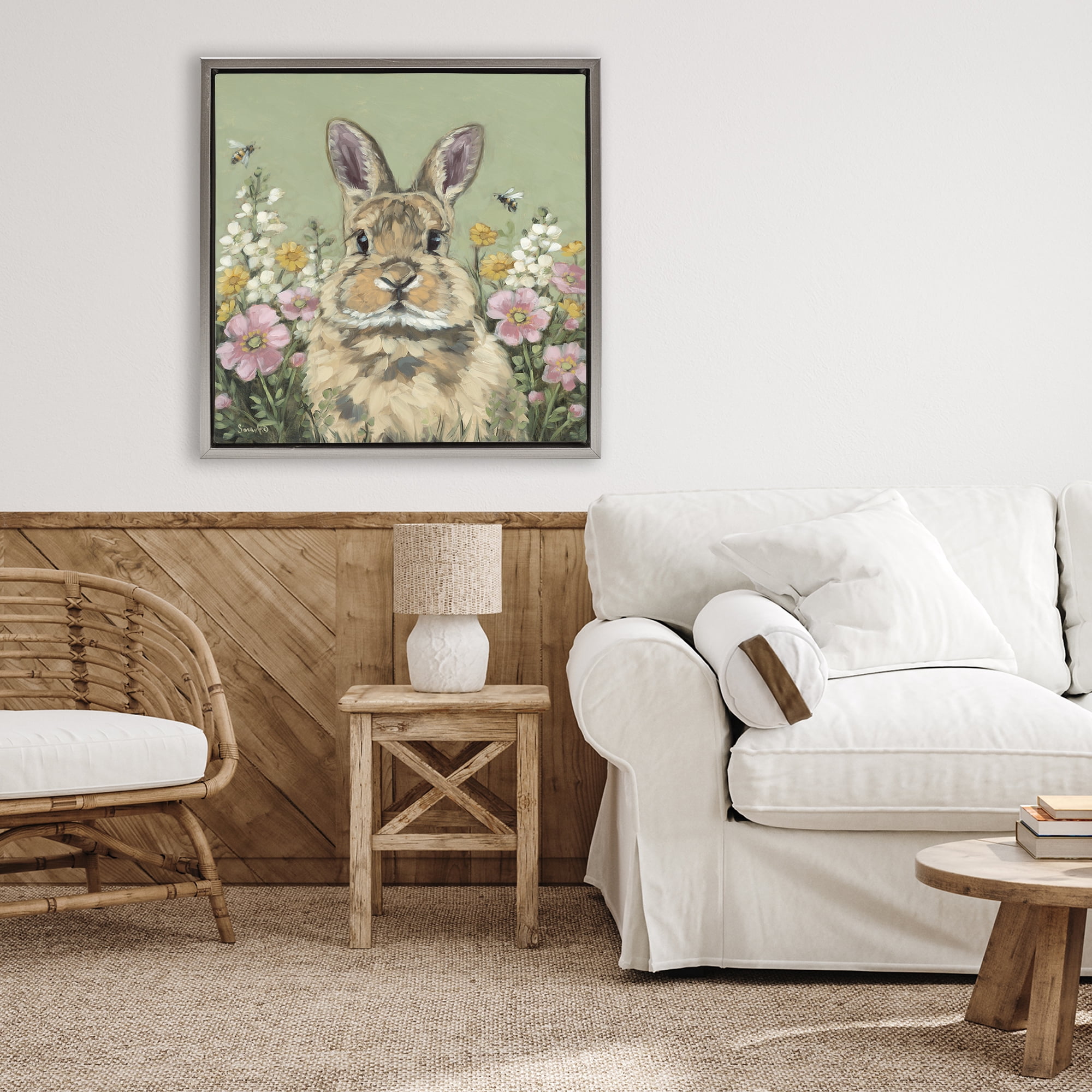 Stupell Industries Spring Abloom Rabbit Gray Framed Floater Canvas Wall Art, design by Sara G. Designs