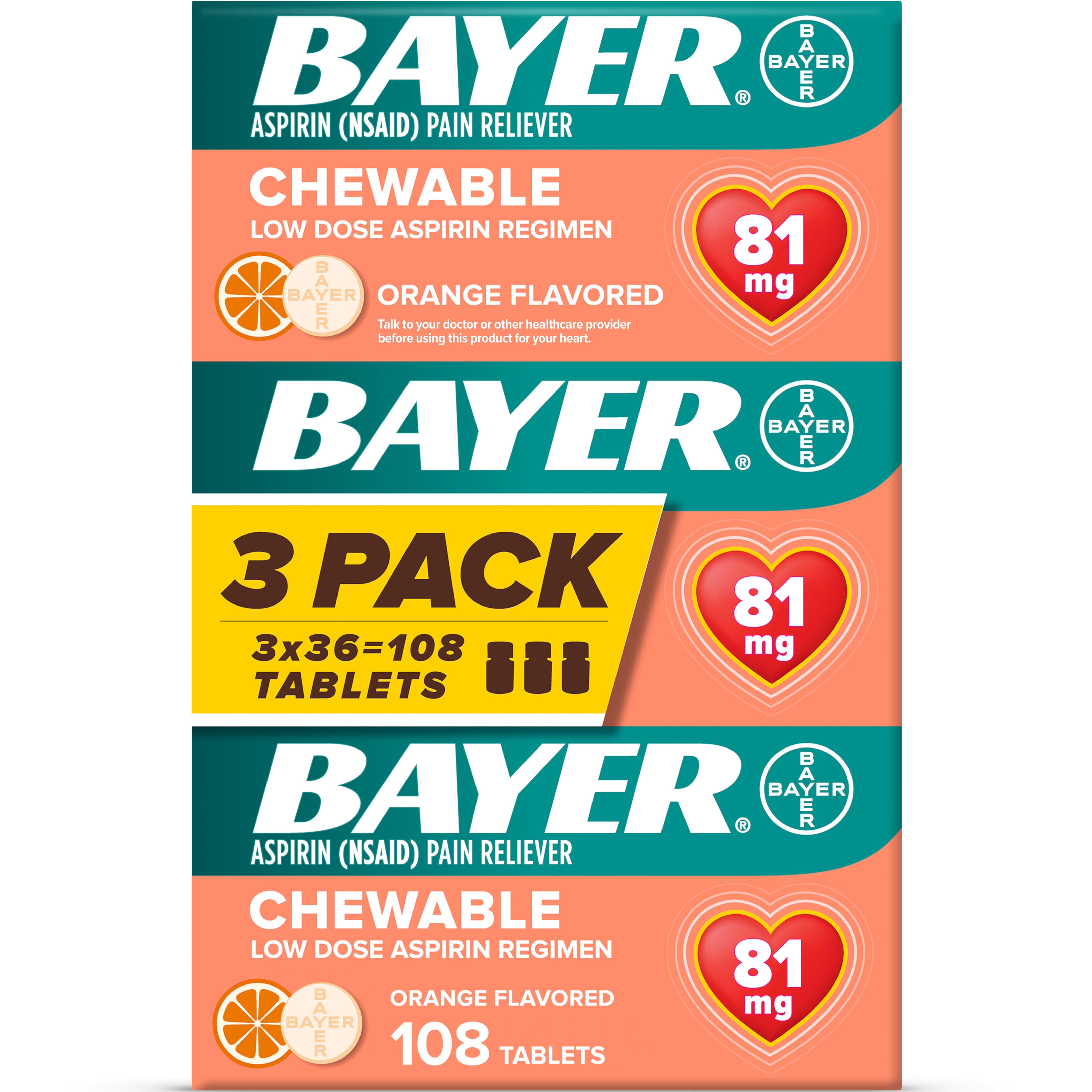 Bayer Chewable Aspirin Regimen Low Dose Pain Reliever Tablets, 81mg, Orange, 108 Ct