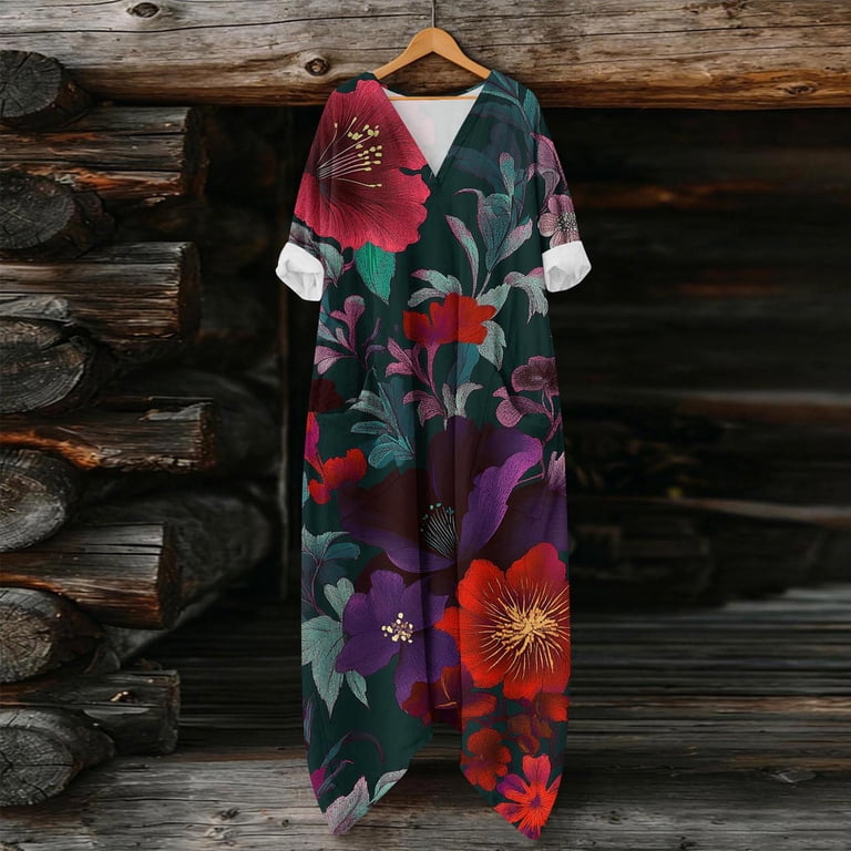 ladies hawaiian dresses Blmnix Vintage Dress Dress Women Shift Dress Maxi V-Neck Short Sleeve with Pockets Womens Dresses Spring,XL silhouette_Pencil-Sheath